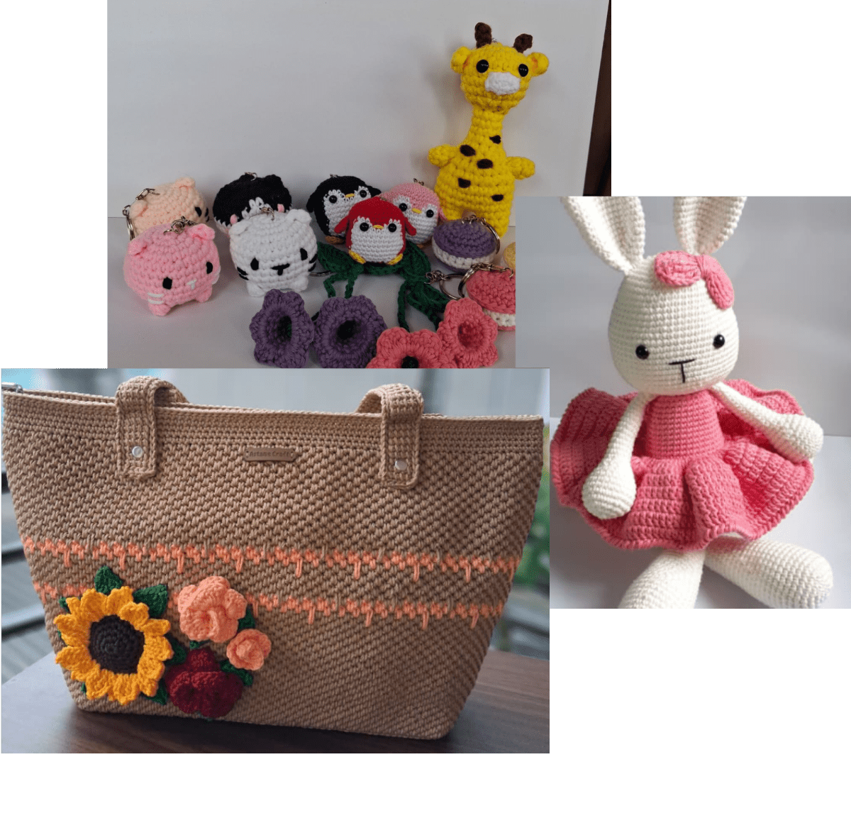 Ada tiga kategori yaitu tas coklat berbunga, amigurumi kelinci dan boneka gantungan kunci